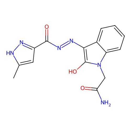 2-[(3Z)-3-{2-[(3-methyl-1H-pyrazol-5-yl)carbonyl]hydrazinylidene}-2-oxo-2,3-dihydro-1H-indol-1-yl]acetamide structure