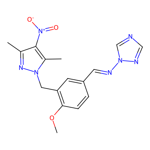(E)-1-[3-[(3,5-dimethyl-4-nitropyrazol-1-yl)methyl]-4-methoxyphenyl]-N-(1,2,4-triazol-1-yl)methanimine structure