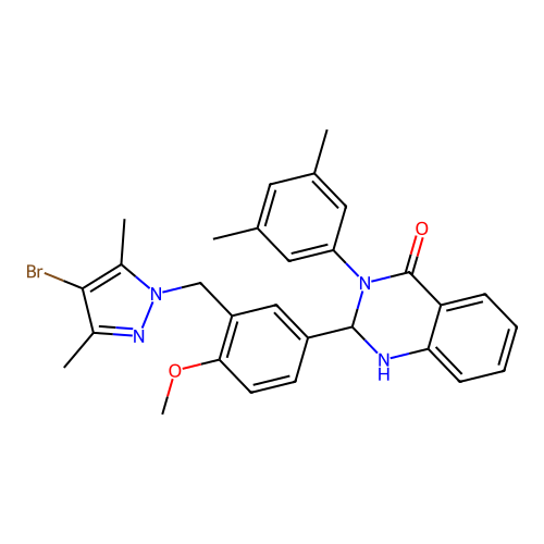 2-(3-((4-bromo-3,5-dimethyl-1H-pyrazol-1-yl)methyl)-4-methoxyphenyl)-3-(3,5-dimethylphenyl)-2,3-dihydroquinazolin-4(1H)-one structure