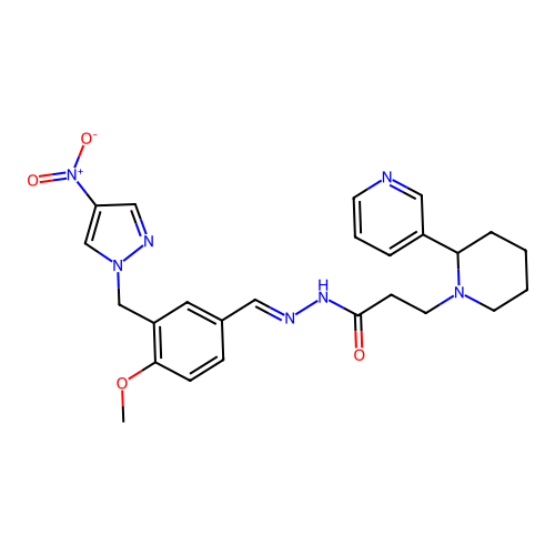 (E)-N'-(4-methoxy-3-((4-nitro-1H-pyrazol-1-yl)methyl)benzylidene)-3-(2-(pyridin-3-yl)piperidin-1-yl)propanehydrazide structure