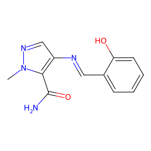 4-{[(E)-(2-hydroxyphenyl)methylidene]amino}-1-methyl-1H-pyrazole-5-carboxamide structure