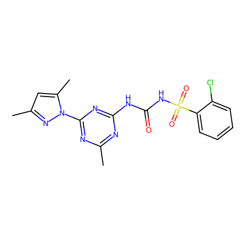 1-(2-chlorophenyl)sulfonyl-3-[4-(3,5-dimethylpyrazol-1-yl)-6-methyl-1,3,5-triazin-2-yl]urea structure