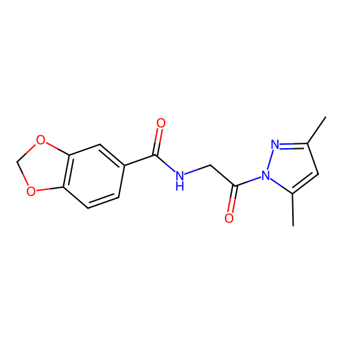 N-[2-(3,5-dimethyl-1H-pyrazol-1-yl)-2-oxoethyl]-1,3-benzodioxole-5-carboxamide structure