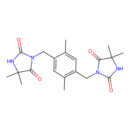3,3'-((2,5-dimethyl-1,4-phenylene)bis(methylene))bis(5,5-dimethylimidazolidine-2,4-dione) structure
