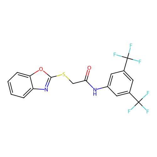 2-(1,3-benzoxazol-2-ylsulfanyl)-N-[3,5-bis(trifluoromethyl)phenyl]acetamide structure