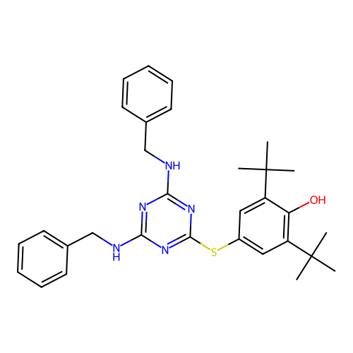 4-{[4,6-Bis(benzylamino)-1,3,5-triazin-2-yl]sulfanyl}-2,6-di-tert-butylphenol structure