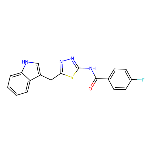 4-fluoro-N-[5-(1H-indol-3-ylmethyl)-1,3,4-thiadiazol-2-yl]benzamide structure