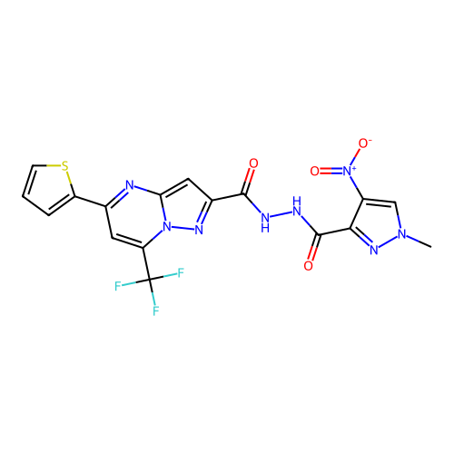 N'-({4-nitro-1-methyl-1H-pyrazol-3-yl}carbonyl)-5-(2-thienyl)-7-(trifluoromethyl)pyrazolo[1,5-a]pyrimidine-2-carbohydrazide structure