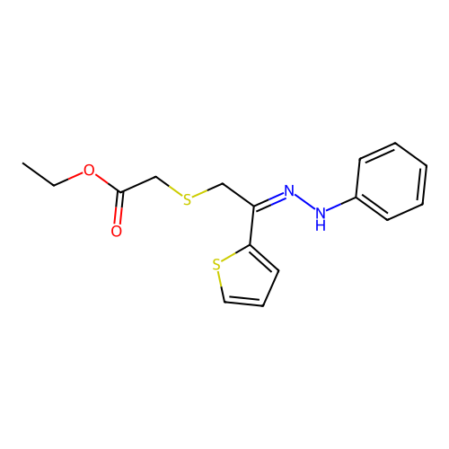 Acetic acid, 2-[2-phenylhydrazono-2-(2-thienyl)ethylthio]-, ethyl ester structure
