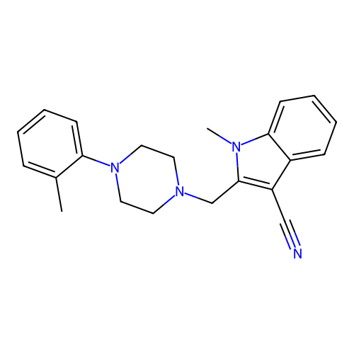 1-methyl-2-{[4-(2-methylphenyl)piperazin-1-yl]methyl}-1H-indole-3-carbonitrile structure