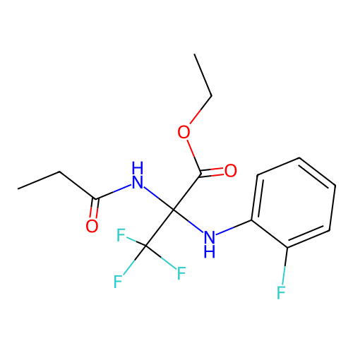 Ethyl 3,3,3-trifluoro-2-(2-fluoroanilino)-2-(propanoylamino)propanoate structure