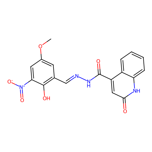 2-hydroxy-N'-(2-hydroxy-5-methoxy-3-nitrobenzylidene)quinoline-4-carbohydrazide structure