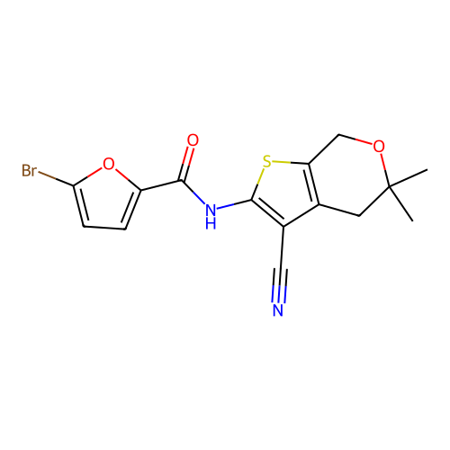 5-bromo-N-(3-cyano-5,5-dimethyl-4,7-dihydrothieno[2,3-c]pyran-2-yl)furan-2-carboxamide structure