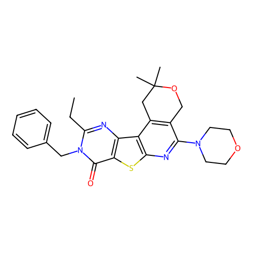 9-benzyl-10-ethyl-2,2-dimethyl-5-(morpholin-4-yl)-1,4-dihydro-2H-pyrano[4'',3'':4',5']pyrido[3',2':4,5]thieno[3,2-d]pyrimidin-8(9H)-one structure
