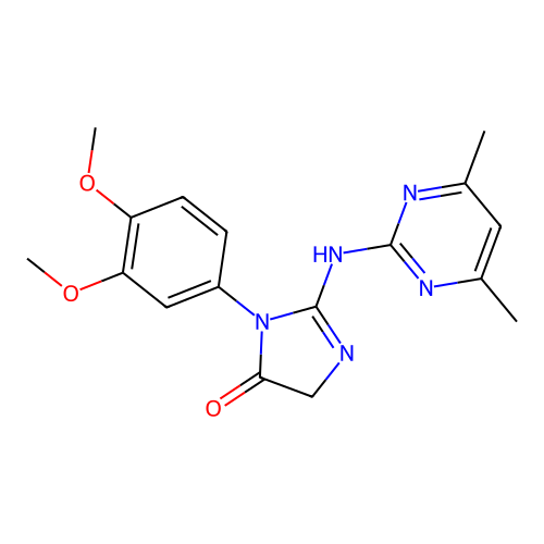 1-(3,4-dimethoxyphenyl)-2-((4,6-dimethylpyrimidin-2-yl)amino)-1H-imidazol-5(4H)-one structure