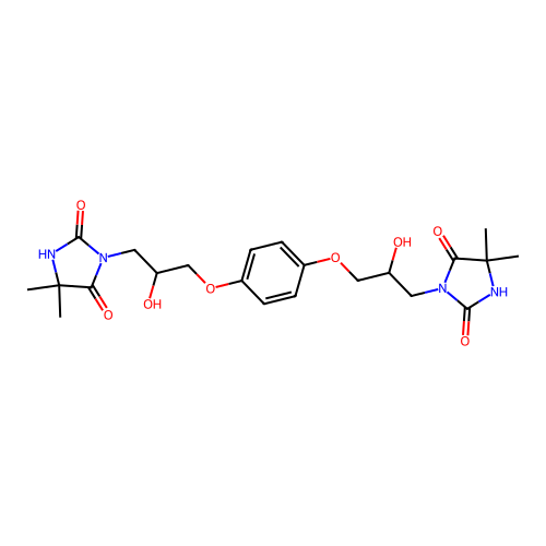 3,3'-{benzene-1,4-diylbis[oxy(2-hydroxypropane-3,1-diyl)]}bis(5,5-dimethylimidazolidine-2,4-dione) structure