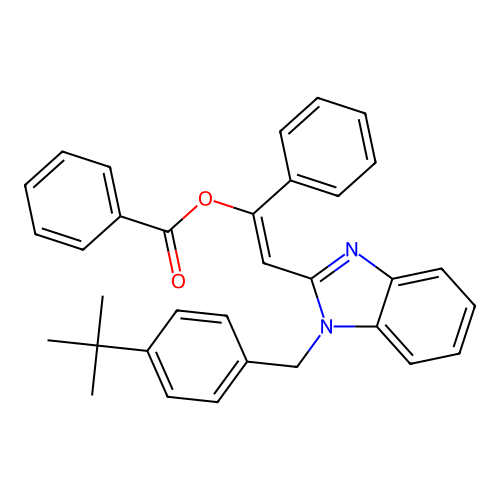 (E)-2-(1-(4-(tert-butyl)benzyl)-1H-benzo[d]imidazol-2-yl)-1-phenylvinyl benzoate structure