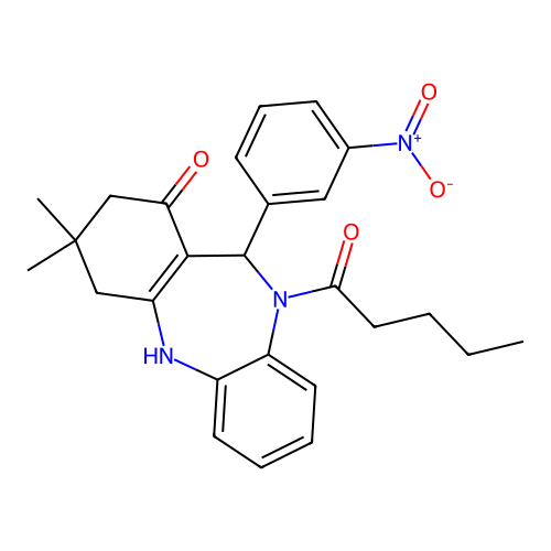 3,3-dimethyl-11-(3-nitrophenyl)-10-pentanoyl-2,3,4,5,10,11-hexahydro-1H-dibenzo[b,e][1,4]diazepin-1-one structure