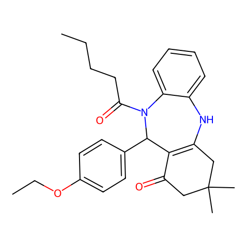 11-(4-ethoxyphenyl)-3,3-dimethyl-10-pentanoyl-2,3,4,5,10,11-hexahydro-1H-dibenzo[b,e][1,4]diazepin-1-one structure