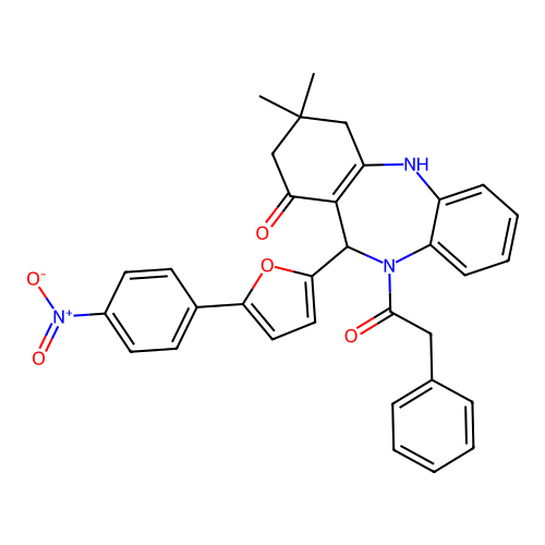 1-{1-hydroxy-3,3-dimethyl-11-[5-(4-nitrophenyl)furan-2-yl]-2,3,4,11-tetrahydro-10H-dibenzo[b,e][1,4]diazepin-10-yl}-2-phenylethanone structure