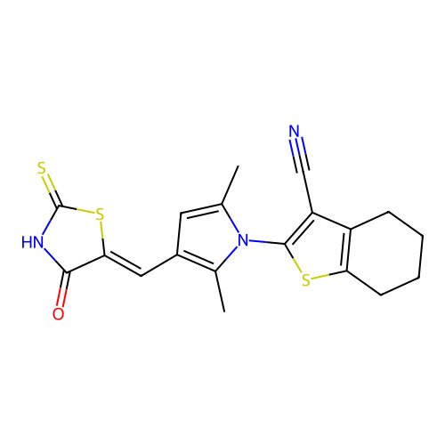 (Z)-2-(2,5-dimethyl-3-((4-oxo-2-thioxothiazolidin-5-ylidene)methyl)-1H-pyrrol-1-yl)-4,5,6,7-tetrahydrobenzo[b]thiophene-3-carbonitrile structure