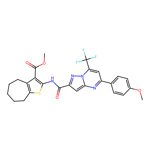 methyl 2-({[5-(4-methoxyphenyl)-7-(trifluoromethyl)pyrazolo[1,5-a]pyrimidin-2-yl]carbonyl}amino)-5,6,7,8-tetrahydro-4H-cyclohepta[b]thiophene-3-carboxylate structure