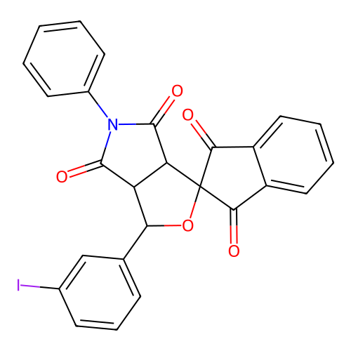 1-(3-iodophenyl)-5-phenylspiro[3a,6a-dihydro-1H-furo[3,4-c]pyrrole-3,2'-indene]-1',3',4,6-tetrone structure