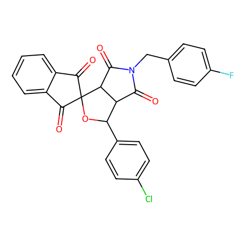 1-(4-chlorophenyl)-5-[(4-fluorophenyl)methyl]spiro[3a,6a-dihydro-1H-furo[3,4-c]pyrrole-3,2'-indene]-1',3',4,6-tetrone structure