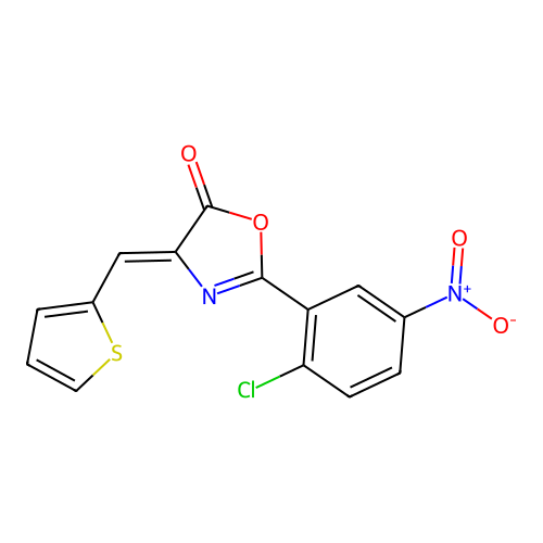 2-(2-chloro-5-nitrophenyl)-4-(2-thienylmethylene)-1,3-oxazolin-5-one structure