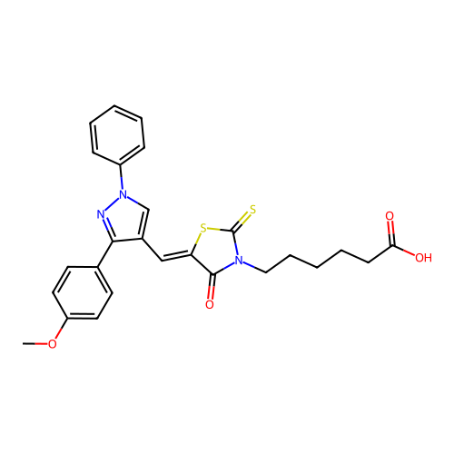 6-[(5Z)-5-{[3-(4-methoxyphenyl)-1-phenyl-1H-pyrazol-4-yl]methylidene}-4-oxo-2-thioxo-1,3-thiazolidin-3-yl]hexanoic acid structure