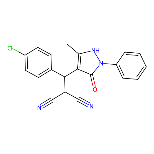 2-((4-chlorophenyl)(5-hydroxy-3-methyl-1-phenyl-1H-pyrazol-4-yl)methyl)malononitrile structure
