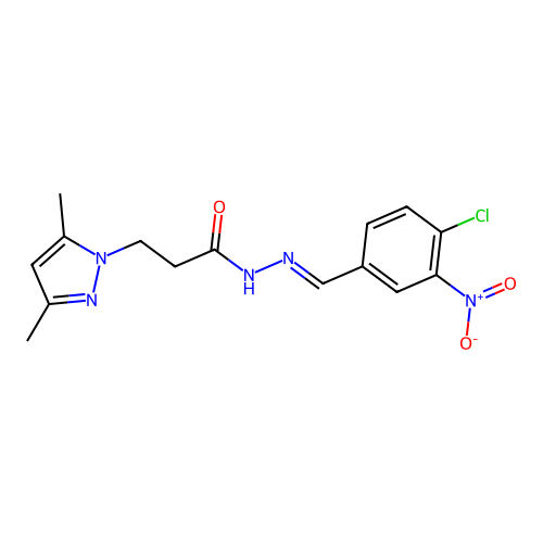 N-[(E)-(4-chloro-3-nitrophenyl)methylideneamino]-3-(3,5-dimethylpyrazol-1-yl)propanamide structure