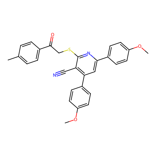 4,6-bis(4-methoxyphenyl)-2-((2-oxo-2-(p-tolyl)ethyl)thio)nicotinonitrile structure