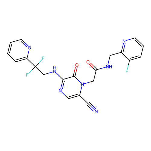 2-(6-cyano-3-(2,2-difluoro-2-(pyridin-2-yl)ethylamino)-2-oxopyrazin-1(2H)-yl)-N-((3-fluoropyridin-2-yl)methyl)acetamide structure