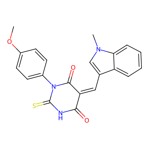 (Z)-1-(4-methoxyphenyl)-5-((1-methyl-1H-indol-3-yl)methylene)-2-thioxodihydropyrimidine-4,6(1H,5H)-dione structure