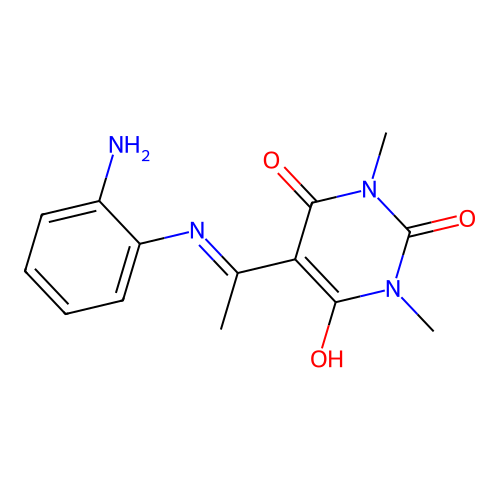5-{1-[(2-aminophenyl)amino]ethylidene}-1,3-dimethylpyrimidine-2,4,6(1H,3H,5H)-trione structure
