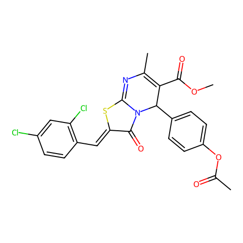 methyl (2Z)-5-[4-(acetyloxy)phenyl]-2-(2,4-dichlorobenzylidene)-7-methyl-3-oxo-2,3-dihydro-5H-[1,3]thiazolo[3,2-a]pyrimidine-6-carboxylate structure