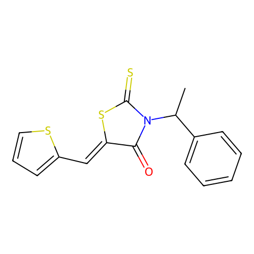 (Z)-3-(1-phenylethyl)-5-(thiophen-2-ylmethylene)-2-thioxothiazolidin-4-one structure