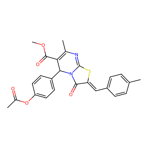 methyl (2Z)-5-[4-(acetyloxy)phenyl]-7-methyl-2-(4-methylbenzylidene)-3-oxo-2,3-dihydro-5H-[1,3]thiazolo[3,2-a]pyrimidine-6-carboxylate structure