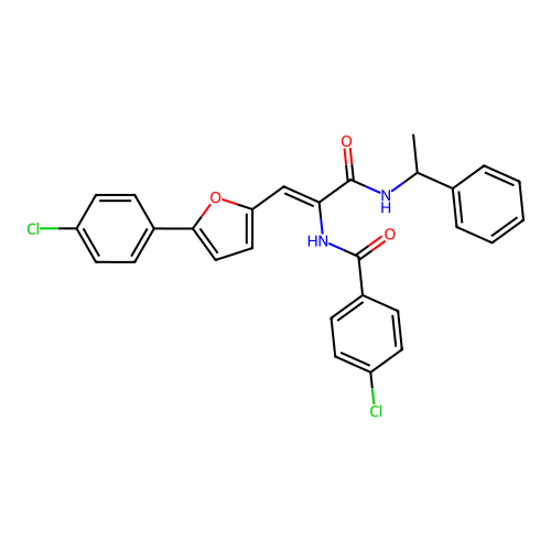 4-chloro-N-{(1Z)-1-[5-(4-chlorophenyl)furan-2-yl]-3-oxo-3-[(1-phenylethyl)amino]prop-1-en-2-yl}benzamide structure
