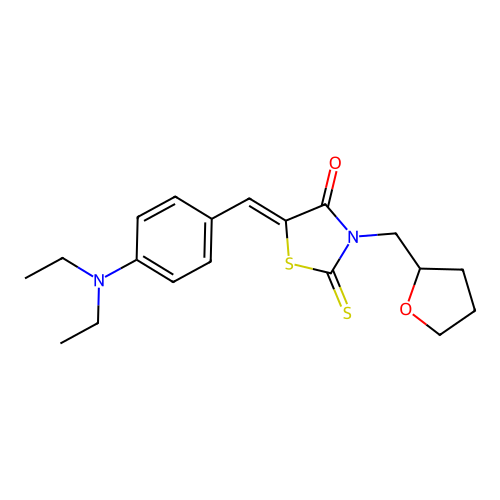 (Z)-5-(4-(diethylamino)benzylidene)-3-((tetrahydrofuran-2-yl)methyl)-2-thioxothiazolidin-4-one structure