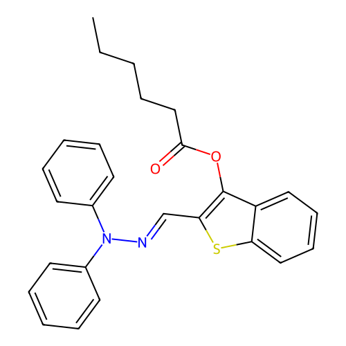 2-[(E)-(diphenylhydrazinylidene)methyl]-1-benzothiophen-3-yl hexanoate structure