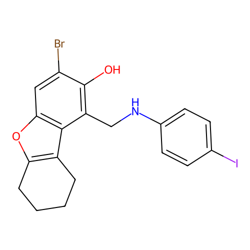 3-Bromo-1-(((4-iodophenyl)amino)methyl)-6,7,8,9-tetrahydrodibenzo[b,d]furan-2-ol structure