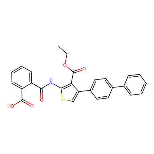 2-{[4-(Biphenyl-4-yl)-3-(ethoxycarbonyl)thiophen-2-yl]carbamoyl}benzoic acid structure
