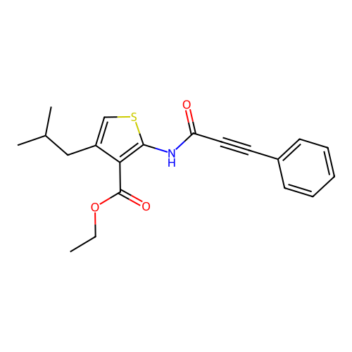 Ethyl 4-(2-methylpropyl)-2-[(3-phenylprop-2-ynoyl)amino]thiophene-3-carboxylate structure