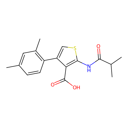 4-(2,4-Dimethylphenyl)-2-[(2-methylpropanoyl)amino]thiophene-3-carboxylic acid structure