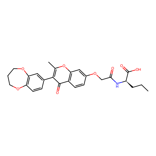 (2R)-2-[[2-[3-(3,4-dihydro-2H-1,5-benzodioxepin-7-yl)-2-methyl-4-oxochromen-7-yl]oxyacetyl]amino]pentanoic acid structure