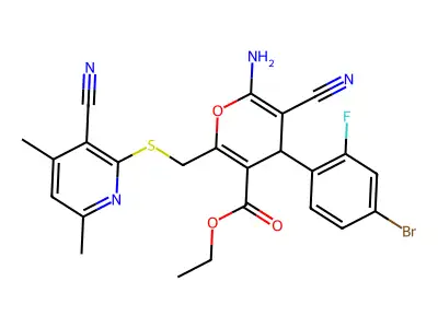 ethyl 6-amino-4-(4-bromo-2-fluorophenyl)-5-cyano-2-{[(3-cyano-4,6-dimethylpyridin-2-yl)sulfanyl]methyl}-4H-pyran-3-carboxylate structure