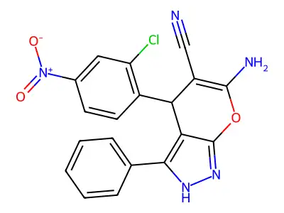 6-amino-4-(2-chloro-4-nitrophenyl)-3-phenyl-2,4-dihydropyrano[2,3-c]pyrazole-5-carbonitrile structure