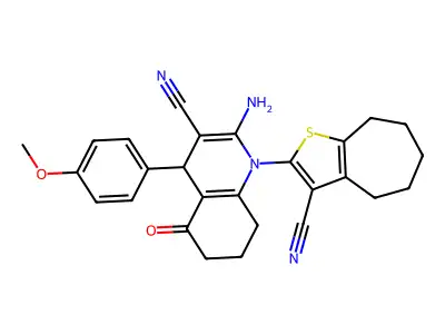 2-amino-1-(3-cyano-5,6,7,8-tetrahydro-4H-cyclohepta[b]thiophen-2-yl)-4-(4-methoxyphenyl)-5-oxo-1,4,5,6,7,8-hexahydroquinoline-3-carbonitrile structure